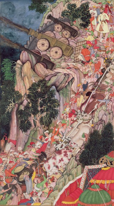 Ochsen ziehen Belagerungsgeschütze während eines Angriffs auf die Festung Ranthambhor, aus dem Akbarnama, Mogul, ca. 1590-95 von Indian School